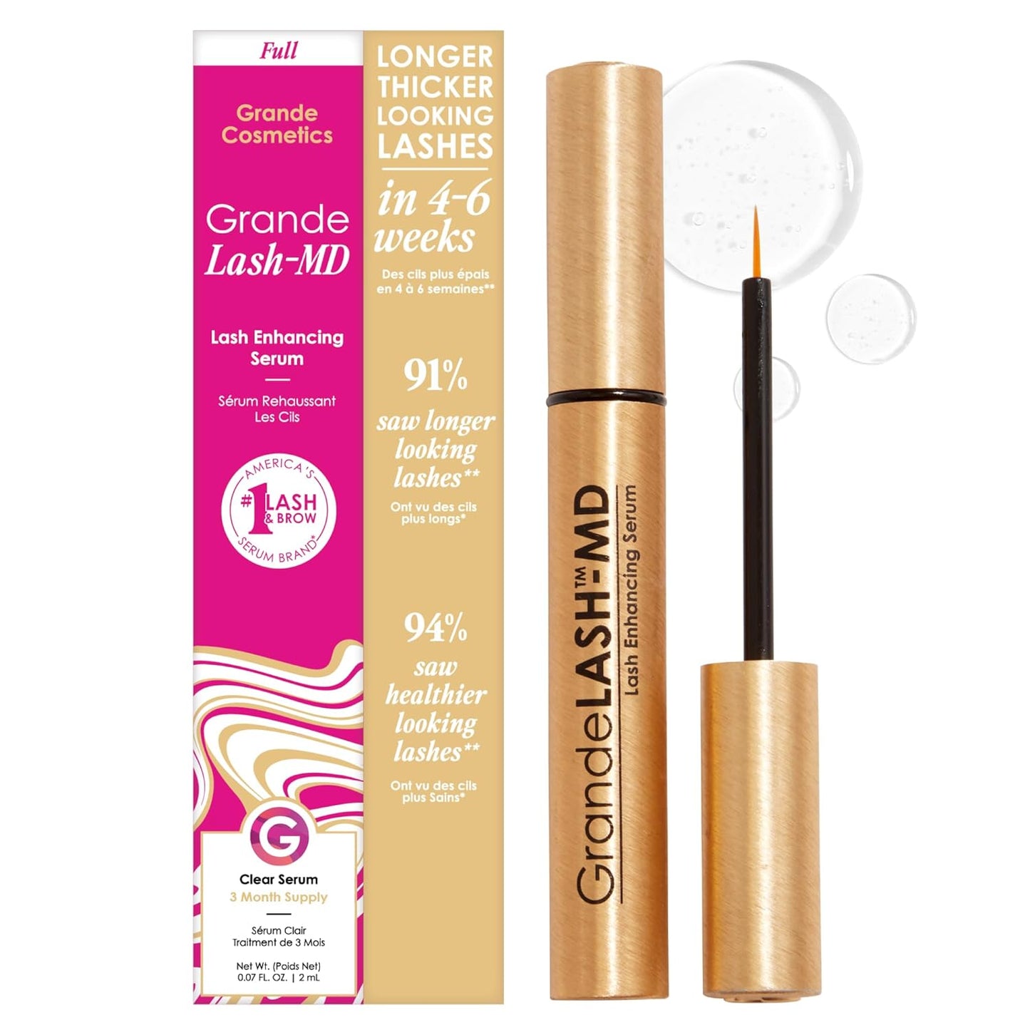 Grande Cosmetics GrandeLASH-MD Lash Enhancing Serum - Peptide & Vitamin Infused Formula for Longer, Thicker, Fuller Looking Lashes - Ophthalmologist Tested, Cruelty-Free